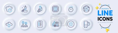 Illustration for Close button, Cooking timer and Cloud protection line icons for web app. Pack of Ab testing, Cpu processor, Pin pictogram icons. Innovation, Fuel price, Checklist signs. Time. Vector - Royalty Free Image