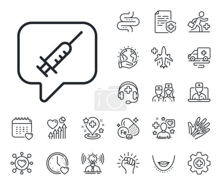 Illustration for Vaccination syringe sign. Online doctor, patient and medicine outline icons. Vaccine message line icon. Jab symbol. Vaccine message line sign. Veins, nerves and cosmetic procedure icon. Vector - Royalty Free Image