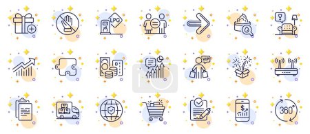 Illustration for Outline set of Gas station, Rfp and Equality line icons for web app. Include Kpi, Moisturizing cream, Lounge pictogram icons. Demand curve, Credit card, Delivery truck signs. Vector - Royalty Free Image
