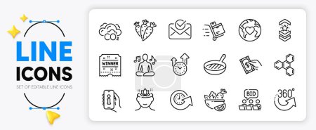Illustration for Pay money, Online auction and Approved mail line icons set for app include Yoga mind, Inventory cart, 360 degrees outline thin icon. Support, Yoga music, Chemical formula pictogram icon. Vector - Royalty Free Image