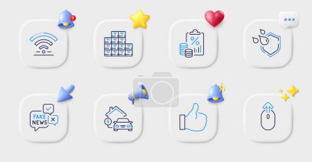 Illustration for Wifi, Like and Wholesale inventory line icons. Buttons with 3d bell, chat speech, cursor. Pack of Waterproof, Swipe up, Tax document icon. Fake news, Home charging pictogram. Vector - Royalty Free Image