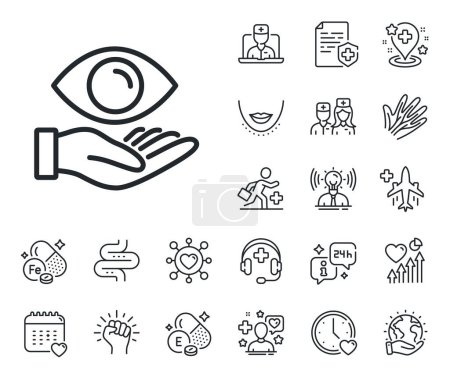 Illustration for Oculist clinic sign. Online doctor, patient and medicine outline icons. Eye care line icon. Optometry vision symbol. Health eye line sign. Veins, nerves and cosmetic procedure icon. Intestine. Vector - Royalty Free Image