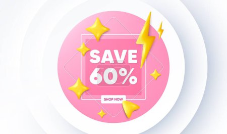 Illustration for Save 60 percent off tag. Neumorphic promotion banner. Sale Discount offer price sign. Special offer symbol. Discount message. 3d stars with energy thunderbolt. Vector - Royalty Free Image