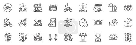 Illustration for Icons pack as Dumbbells workout, Bike timer and Winner cup line icons for app include Fish, Bike path, Leadership outline thin icon web set. Arena stadium, Dumbbells, Reward pictogram. Vector - Royalty Free Image