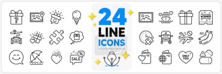 Illustration for Icons set of Travel passport, Tickets and Puzzle line icons pack for app with Discounts bubble, Photo, Journey thin outline icon. Ice cream, Secret gift, Gift box pictogram. Vector - Royalty Free Image