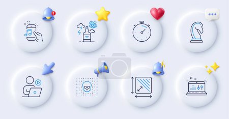 Illustration for Marketing strategy, Music phone and Square area line icons. Buttons with 3d bell, chat speech, cursor. Pack of Alcohol addiction, Video conference, Timer icon. Vector - Royalty Free Image