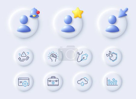 Illustration for Waterproof, Empower and Pen tool line icons. Placeholder with 3d cursor, bell, star. Pack of Seo targeting, Upper arrows, Rainy weather icon. Attention, First aid pictogram. Vector - Royalty Free Image