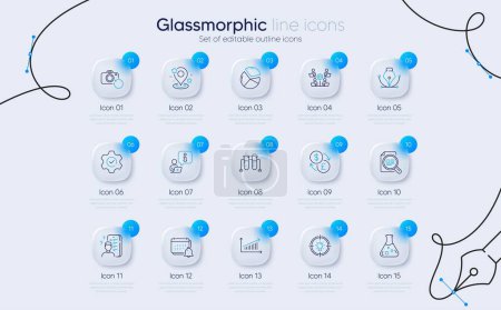 Illustration for Set of Chemistry lab, Idea and Teamwork line icons for web app. Survey, Chemistry beaker, Execute icons. Chart, Currency exchange, Pin signs. Check article, Notification, Recovery photo. Vector - Royalty Free Image