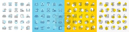 Illustration for Vector icons set of Bike app, E-bike and Winner line icons pack for web with Stop fishing, Yoga, Winner cup outline icon. Fish, Bike attention, Boat fishing pictogram. Sports stadium. Vector - Royalty Free Image