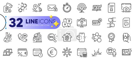 Illustration for Outline set of Phone photo, Fingerprint access and Parking security line icons for web with Comments, Incubator, Home facility thin icon. Work home, Delivery, Secure mail pictogram icon. Vector - Royalty Free Image