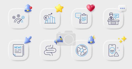 Illustration for Air fan, Cyber attack and Intestine line icons. Buttons with 3d bell, chat speech, cursor. Pack of Fake news, Euro rate, Correct answer icon. Exhibitors, Clipboard pictogram. Vector - Royalty Free Image