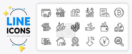 Illustration for Coins, Donation money and Decreasing graph line icons set for app include Cashback card, Bitcoin, Salary outline thin icon. Document, Loan house, Discount medal pictogram icon. Vector - Royalty Free Image