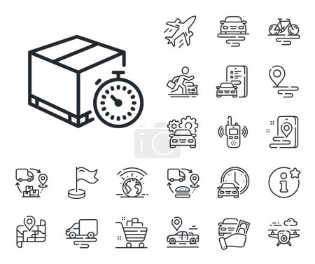 Illustration for Delivery timer sign. Plane, supply chain and place location outline icons. Shipping tracking line icon. Express logistics symbol. Delivery timer line sign. Taxi transport, rent a bike icon. Vector - Royalty Free Image