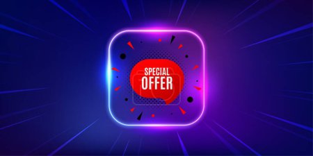 Illustration for Special offer sticker. Neon light frame offer banner. Discount banner shape. Sale coupon bubble icon. Special offer promo event flyer, poster. Sunburst neon coupon. Flash special deal. Vector - Royalty Free Image