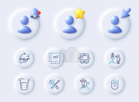 Illustration for Cooking beaker, Bus and Food delivery line icons. Placeholder with 3d cursor, bell, star. Pack of Leadership, Launch project, Hammer tool icon. Fast delivery, Square meter pictogram. Vector - Royalty Free Image