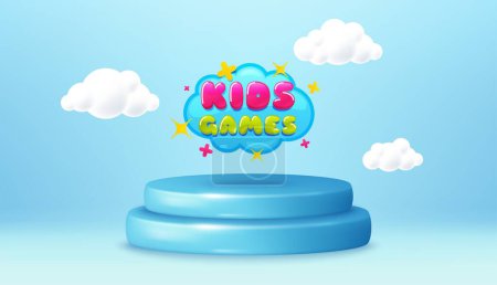 Illustration for Kids games sticker. Winner podium 3d base. Product offer pedestal. Fun playing zone banner. Children games party area icon. Kids games promotion message. Background with 3d clouds. Vector - Royalty Free Image