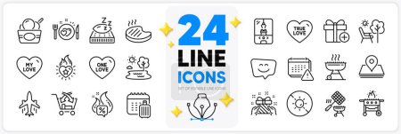 Illustration for Icons set of One love, Grilled steak and Gas grill line icons pack for app with Smile face, No sun, Mattress thin outline icon. Notification, Grill, Gift pictogram. Baggage calendar. Vector - Royalty Free Image
