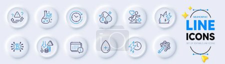 Illustration for Calendar, Oil serum and Time change line icons for web app. Pack of Patient, Charging time, Chemistry lab pictogram icons. Bitcoin system, Coronavirus vaccine, Deflation signs. Vitamin. Vector - Royalty Free Image