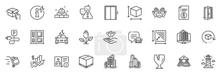 Illustration for Icons pack as Square area, Construction bricks and Open door line icons for app include Technical algorithm, Charging parking, Fragile package outline thin icon web set. Vector - Royalty Free Image