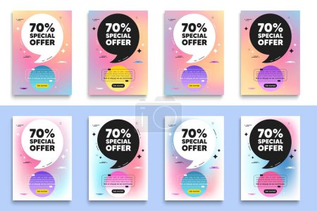 Illustration for 70 percent discount offer tag. Poster frame with quote. Sale price promo sign. Special offer symbol. Discount flyer message with comma. Gradient blur background posters. Vector - Royalty Free Image