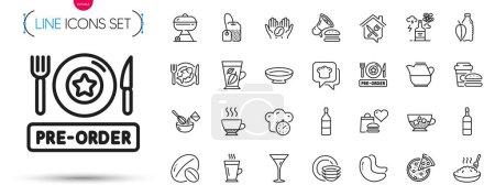 Ilustración de Paquete de donación de alimentos, Grill and Food delivery line icons. Incluye temporizador de cocina, gachas, iconos pictograma de nuez de soja. Latte, bolsita de té, señales de mariscos. Batidor de cocina, platos, café frío. Vector - Imagen libre de derechos