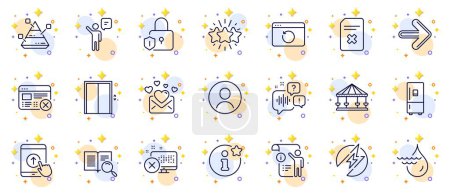 Illustration for Outline set of Hydroelectricity, Swipe up and Lift line icons for web app. Include Electric energy, Next, Reject web pictogram icons. Reject access, Star, Lock signs. Refrigerator. Vector - Royalty Free Image