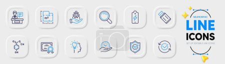Illustration for Idea, Battery charging and Safe time line icons for web app. Pack of Certificate, Usb flash, Search pictogram icons. Exhibitors, Floor plan, Approved signs. Confirmed, Chemical formula. Vector - Royalty Free Image