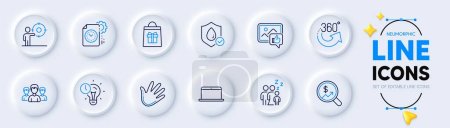 Illustration for Sleep, Project deadline and Business target line icons for web app. Pack of Waterproof, Group, Time management pictogram icons. Hand, Laptop, Like photo signs. Holidays shopping. Vector - Royalty Free Image