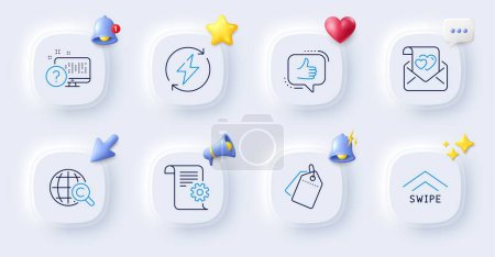 Illustration for Like, Swipe up and Renewable power line icons. Buttons with 3d bell, chat speech, cursor. Pack of International copyright, Online quiz, Love letter icon. Vector - Royalty Free Image