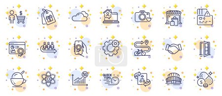 Illustration for Outline set of Card, Coupons and Buyer line icons for web app. Include Handshake, Chemistry atom, 5g statistics pictogram icons. Technical algorithm, Work home, Sulfur mineral signs. Vector - Royalty Free Image