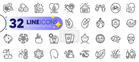 Illustration for Outline set of Bicycle prohibited, Medical mask and Sunscreen line icons for web with Mental health, Cherry, Vaccination schedule thin icon. Eye drops, Organic product. Vector - Royalty Free Image