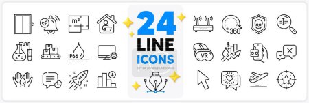 Illustration for Icons set of Lift, Star target and Wifi line icons pack for app with Decreasing graph, Notification received, Cyber attack thin outline icon. Statistic, Vr, Safe water pictogram. Vector - Royalty Free Image