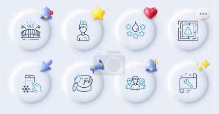 Illustration for Doctor, Spanner and Teamwork line icons. Buttons with 3d bell, chat speech, cursor. Pack of Refrigerator app, Maze attention, Brush icon. Quality, Sports arena pictogram. For web app, printing. Vector - Royalty Free Image