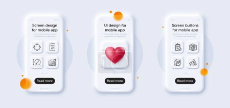 Illustration for Jobless, Approved report and Green energy line icons pack. 3d phone mockups with heart. Glass smartphone screen. Puzzle, Podcast, Checked file web icon. Circle area, Creative design pictogram. Vector - Royalty Free Image