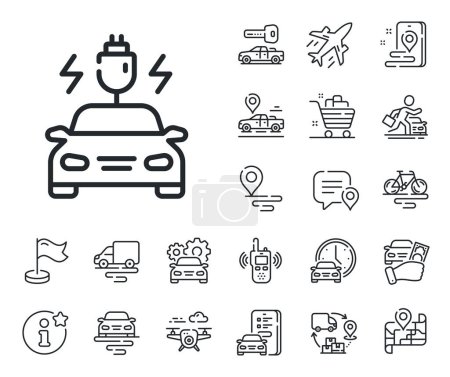 Illustration for Vehicle charge plug sign. Plane, supply chain and place location outline icons. Car charging line icon. Electric power symbol. Car charging line sign. Taxi transport, rent a bike icon. Vector - Royalty Free Image