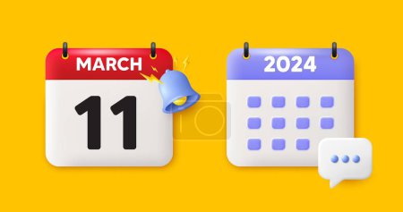 Illustration for Calendar date 3d icon. 11th day of the month icon. Event schedule date. Meeting appointment time. 11th day of March month. Calendar event reminder date. Vector - Royalty Free Image