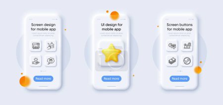 Illustration for Audit, Quick tips and Gift dream line icons pack. 3d phone mockups with star. Glass smartphone screen. Loyalty program, Dollar, Survey results web icon. Vector - Royalty Free Image