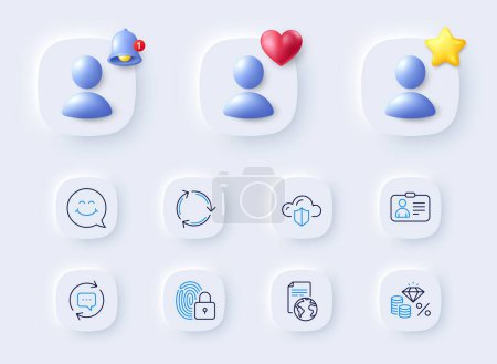 Illustration for Smile face, Recycling and Cloud protection line icons. Placeholder with 3d bell, star, heart. Pack of Id card, Update comments, Translation service icon. Money tax, Lock pictogram. Vector - Royalty Free Image