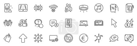 Illustration for Icons pack as Discounts app, Upload and Bitcoin system line icons for app include Swipe up, Cursor, Currency rate outline thin icon web set. Cyber attack, Spanner, Question button pictogram. Vector - Royalty Free Image