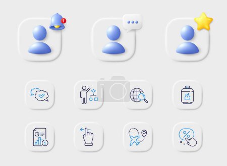 Illustration for Gas cylinder, Touchscreen gesture and Web search line icons. Placeholder with 3d star, reminder bell, chat. Pack of Report, Algorithm, Approved icon. Airplane, Discount button pictogram. Vector - Royalty Free Image