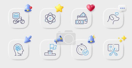 Illustration for Fast verification , Atom and Stress line icons. Buttons with 3d bell, chat speech, cursor. Pack of Food delivery, Winner flag, Pets care icon. Money wallet, Bankrupt pictogram. Vector - Royalty Free Image