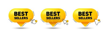 Illustration for Best sellers tag. Click here buttons. Special offer price sign. Advertising discounts symbol. Best sellers speech bubble chat message. Talk box infographics. Vector - Royalty Free Image