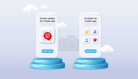 Illustration for Buy 1 Get 1 Free sticker. Phone mockup on podium. Product offer 3d pedestal. Discount banner tag. Coupon icon. Background with 3d clouds. Get free promotion message. Vector - Royalty Free Image