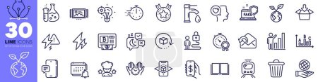 Illustration for Trash bin, Send mail and Electricity line icons pack. Return package, Bitcoin atm, Chemistry flask web icon. Money app, Get box, Book pictogram. Image carousel, Sleep, Cooking timer. Vector - Royalty Free Image