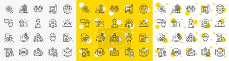 Illustration for Teamwork, People and Technical documentation. Engineering line icons. Blueprint with gear, engineer and construction helmet set icons. Technician, industrial people, engineering process. Vector - Royalty Free Image