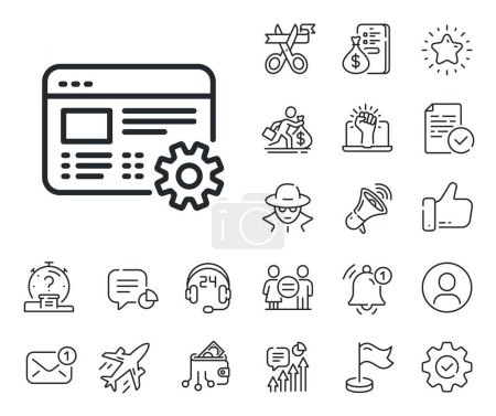Illustration for Engineering cogwheel tool sign. Salaryman, gender equality and alert bell outline icons. Web settings line icon. Cog gear symbol. Web settings line sign. Spy or profile placeholder icon. Vector - Royalty Free Image