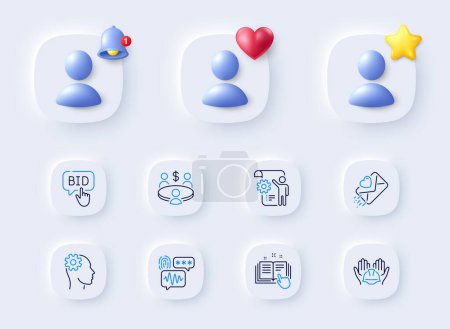 Illustration for Builders union, Settings blueprint and Meeting line icons. Placeholder with 3d bell, star, heart. Pack of Biometric security, Bid offer, Love letter icon. Vector - Royalty Free Image
