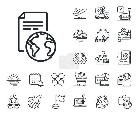 Illustration for Translation service sign. Plane jet, travel map and baggage claim outline icons. Global business documents line icon. Internet marketing symbol. Translation service line sign. Vector - Royalty Free Image