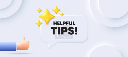 Illustration for Helpful tips tag. Neumorphic background with chat speech bubble. Education faq sign. Help assistance symbol. Helpful tips speech message. Banner with like hand. Vector - Royalty Free Image