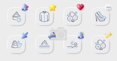 Illustration for Spa stones, Vitamin u and Shoes line icons. Buttons with 3d bell, chat speech, cursor. Pack of Vitamin n, Collagen skin, Shirt icon. Skin care, Sun cream pictogram. For web app, printing. Vector - Royalty Free Image